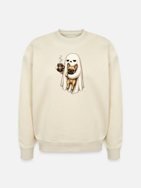 Meh Ghost Sips Coffee with Pug - Stanley/Stella Radder Unisex Oversized Organic Sweatshirt - natural raw