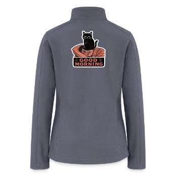 Linocut Black Cat Sitting On Face Morning - Women’s Soft Shell Jacket - gray - Back