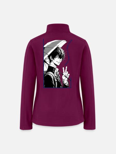 Anime Boy with Umbrella and Peace Sign - Women’s Soft Shell Jacket - raspberry