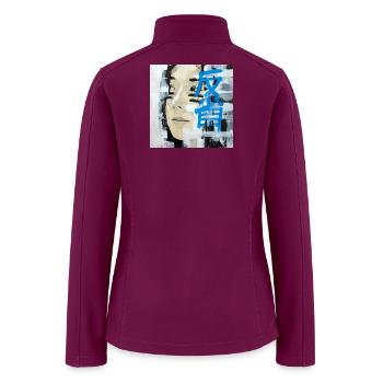 Rebel Spirit: Abstract Portrait with Blue Kanji - Women’s Soft Shell Jacket - raspberry - Back
