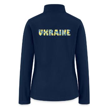 Folk art lettering Ukraine in national flag colors - Women’s Soft Shell Jacket - navy - Back