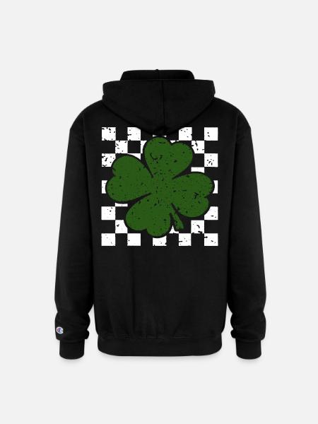 Emerald FourLeaf Clover on Checkerboard - Champion Unisex Full Zip Hoodie - black