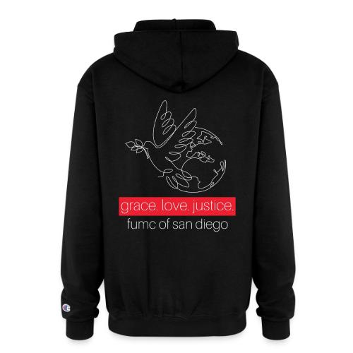 Grace. Love. Justice.- dove and earth graphic - Champion Unisex Full Zip Hoodie