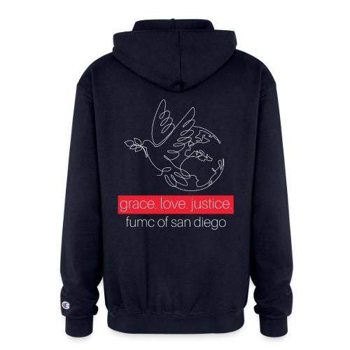 Grace. Love. Justice.- dove and earth graphic - Champion Unisex Full Zip Hoodie