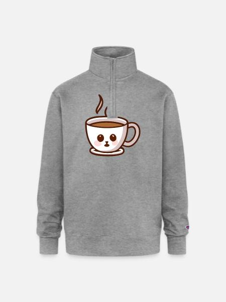 Coffee Cup Cat Face - Champion Unisex 1/4 Zip Pullover Sweatshirt - heather gray