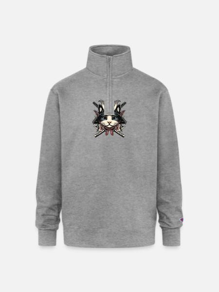 Wise Samurai Cat - Champion Unisex 1/4 Zip Pullover Sweatshirt - heather gray
