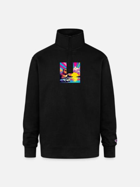 Neon Sunset Guinea Pig - Champion Unisex 1/4 Zip Pullover Sweatshirt - black