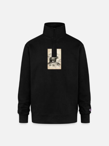 Bear on Alpine Ridge Sketch - Champion Unisex 1/4 Zip Pullover Sweatshirt - black