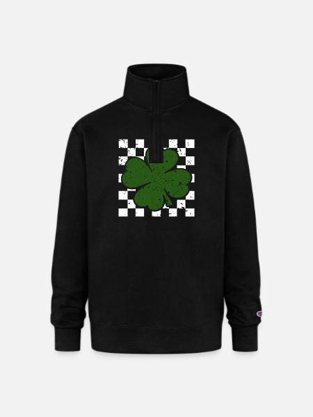 Emerald FourLeaf Clover on Checkerboard - Champion Unisex 1/4 Zip Pullover Sweatshirt - black