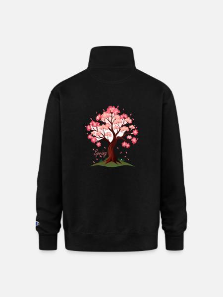 Sakura,Cherry Blossoms Spring Illustration - Champion Unisex 1/4 Zip Pullover Sweatshirt - black
