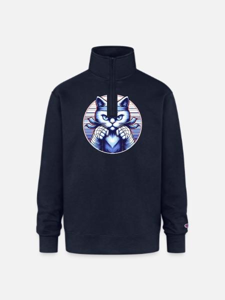 Fighting Angry Blue Cat - Champion Unisex 1/4 Zip Pullover Sweatshirt - navy