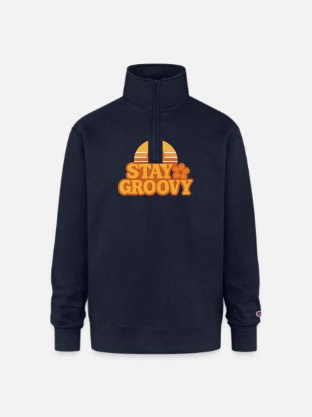 Retro Sunset Stay Groovy Graphic - Champion Unisex 1/4 Zip Pullover Sweatshirt - navy