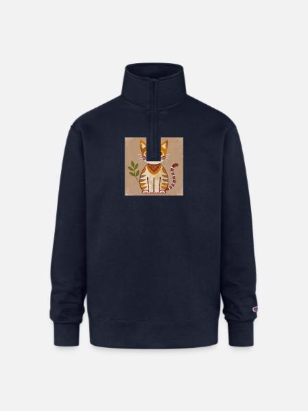 Rustic Geometric Cat Illustration - Champion Unisex 1/4 Zip Pullover Sweatshirt - navy