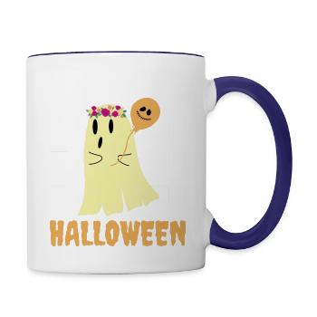 cute boo with Halloween balloon - Contrast Coffee Mug - white/cobalt blue - Right