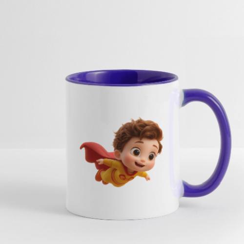 Flying Cartoon Superhero Boy in Yellow Suit - Contrast Coffee Mug