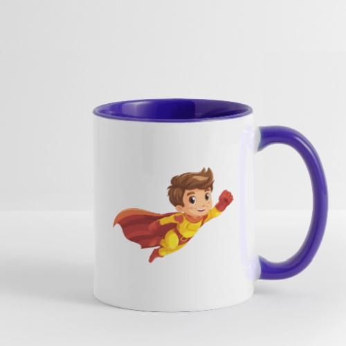 Cheerful Cartoon Superhero Boy Flying High - Contrast Coffee Mug