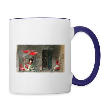 baroque art style of boat on lake with small kids - Contrast Coffee Mug - white/cobalt blue - Right