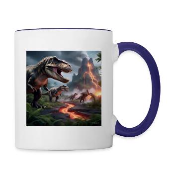 a breathtaking prehistoric dinosaurs landscape - Contrast Coffee Mug - white/cobalt blue - Right