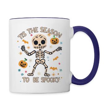 skeleton dancing, tis the season to pe spooky - Contrast Coffee Mug - white/cobalt blue - Right