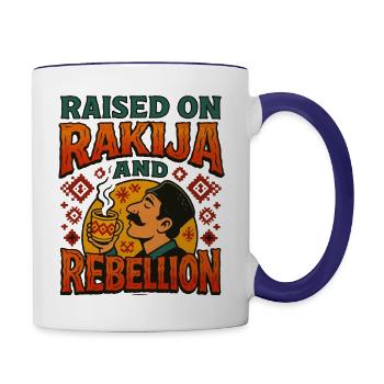 Raised on Rakija and Rebellion - Contrast Coffee Mug - white/cobalt blue - Right