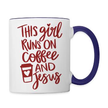 This Girl Runs On Coffee And Jesus - Contrast Coffee Mug - white/cobalt blue - Right