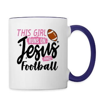 This Girl Runs On Jesus and Football - Contrast Coffee Mug - white/cobalt blue - Right