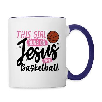 This Girl Runs On Jesus and basketball - Contrast Coffee Mug - white/cobalt blue - Right