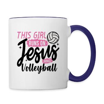 This Girl Runs On Jesus and Volleyball - Contrast Coffee Mug - white/cobalt blue - Right
