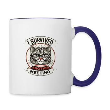 I Survived Another Meeting Funny Cat With Glasses - Contrast Coffee Mug - white/cobalt blue - Right