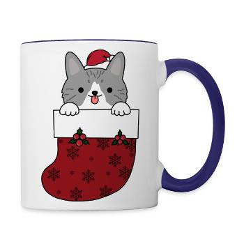 Cat in Christmas Sock - Contrast Coffee Mug - white/cobalt blue - Right