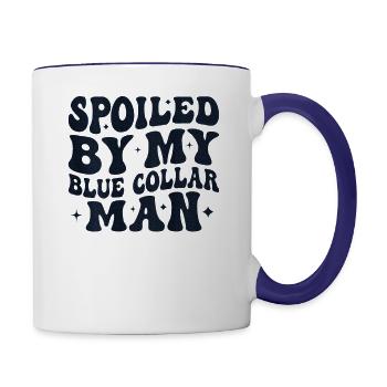 Spoiled By My Blue Collar Man Groovy wife on back - Contrast Coffee Mug - white/cobalt blue - Right