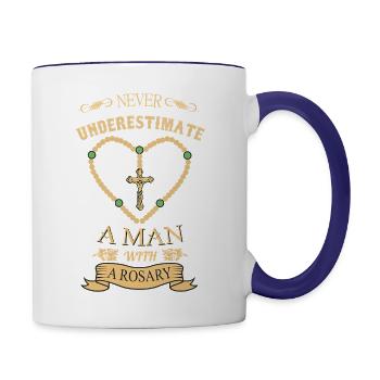Screened Never Underestimate Man With Rosary - Contrast Coffee Mug - white/cobalt blue - Right