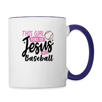 This Girl Runs On Jesus and baseball - Contrast Coffee Mug - white/cobalt blue - Right