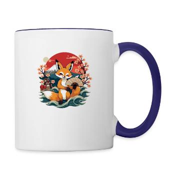 Cute Japanese Fox Kitsune with Fan - Mount Fuji - Contrast Coffee Mug - white/cobalt blue - Right