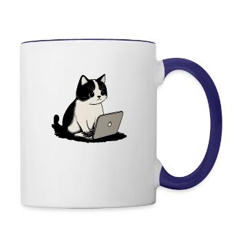 Black Cat Typing Laptop t-shirt design - Contrast Coffee Mug - white/cobalt blue - Right