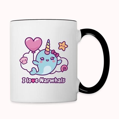 I Love Narwhals - Kawaii Unicorn Whale with Heart - Contrast Coffee Mug