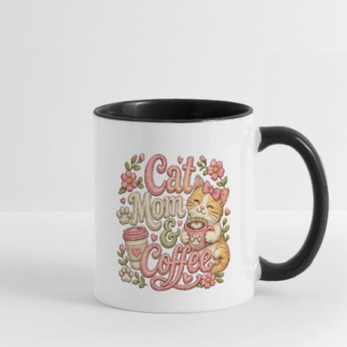 Cat Mom & Coffee Faux Stitched Cat Lover Design - Contrast Coffee Mug