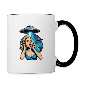 A beautiful woman is terrified of UFO invasion. - Contrast Coffee Mug - white/black - Right