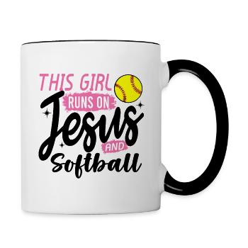 This Girl Runs On Jesus and softball - Contrast Coffee Mug - white/black - Right