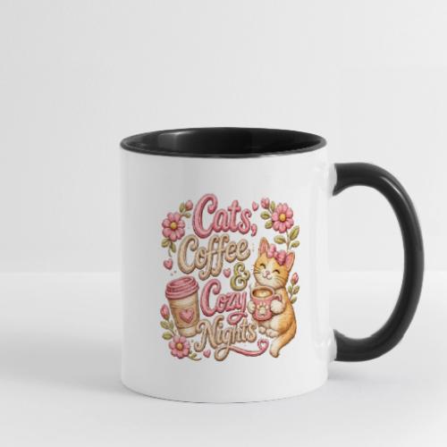 Cats, Coffee & Cozy Nights Faux Stitched Design - Contrast Coffee Mug