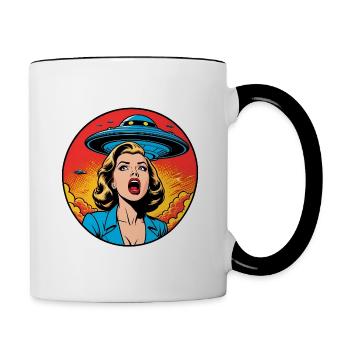A beautiful woman is terrified of a UFO. - Contrast Coffee Mug - white/black - Right