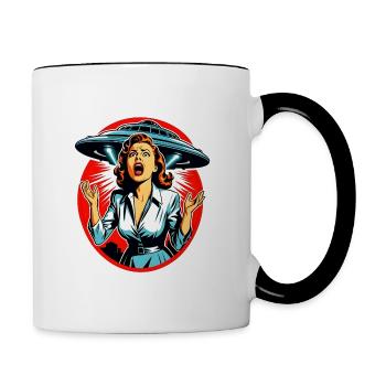 Woman is terrified of UFO and Alien Abduction. - Contrast Coffee Mug - white/black - Right