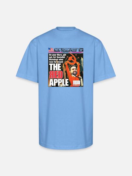 The Red Apple New York Post Zohran Mamdani  - Unisex Oversized Heavyweight T-Shirt - sky blue