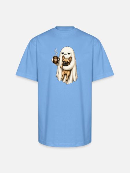 Meh Ghost Sips Coffee with Pug - Unisex Oversized Heavyweight T-Shirt - sky blue
