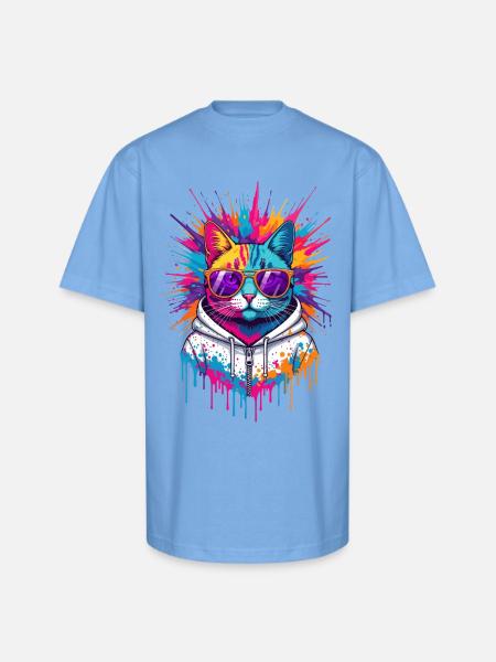 Neon Splash Cat Hoodie - Unisex Oversized Heavyweight T-Shirt - sky blue