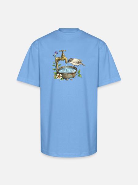 Bird at Rustic Tap Garden Watering - Unisex Oversized Heavyweight T-Shirt - sky blue