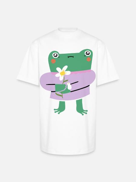 Shy Frog with Flower - Unisex Oversized Heavyweight T-Shirt - white