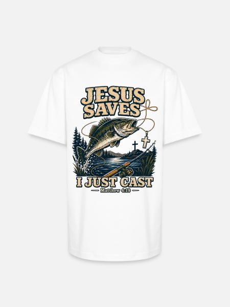 Jesus Saves I Just Cast Christian Fishing - Unisex Oversized Heavyweight T-Shirt - white