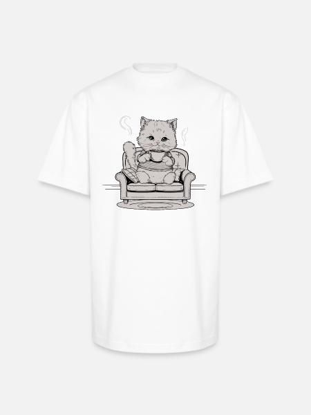 Coffee Cat In Comfy Chair - Unisex Oversized Heavyweight T-Shirt - white