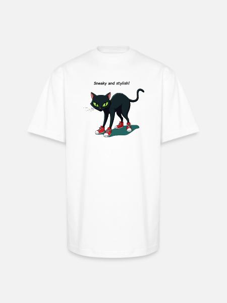 Midnight Cat in Red Sneakers - Unisex Oversized Heavyweight T-Shirt - white